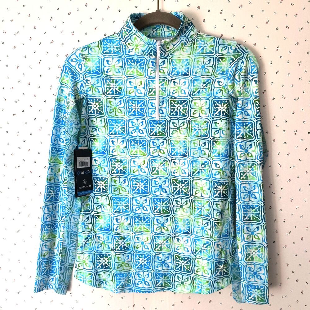 IBKUL 1/4 Zip Kathy Top XS Turquoise Lime UPF 50+ Active Golf Tennis Pickleball